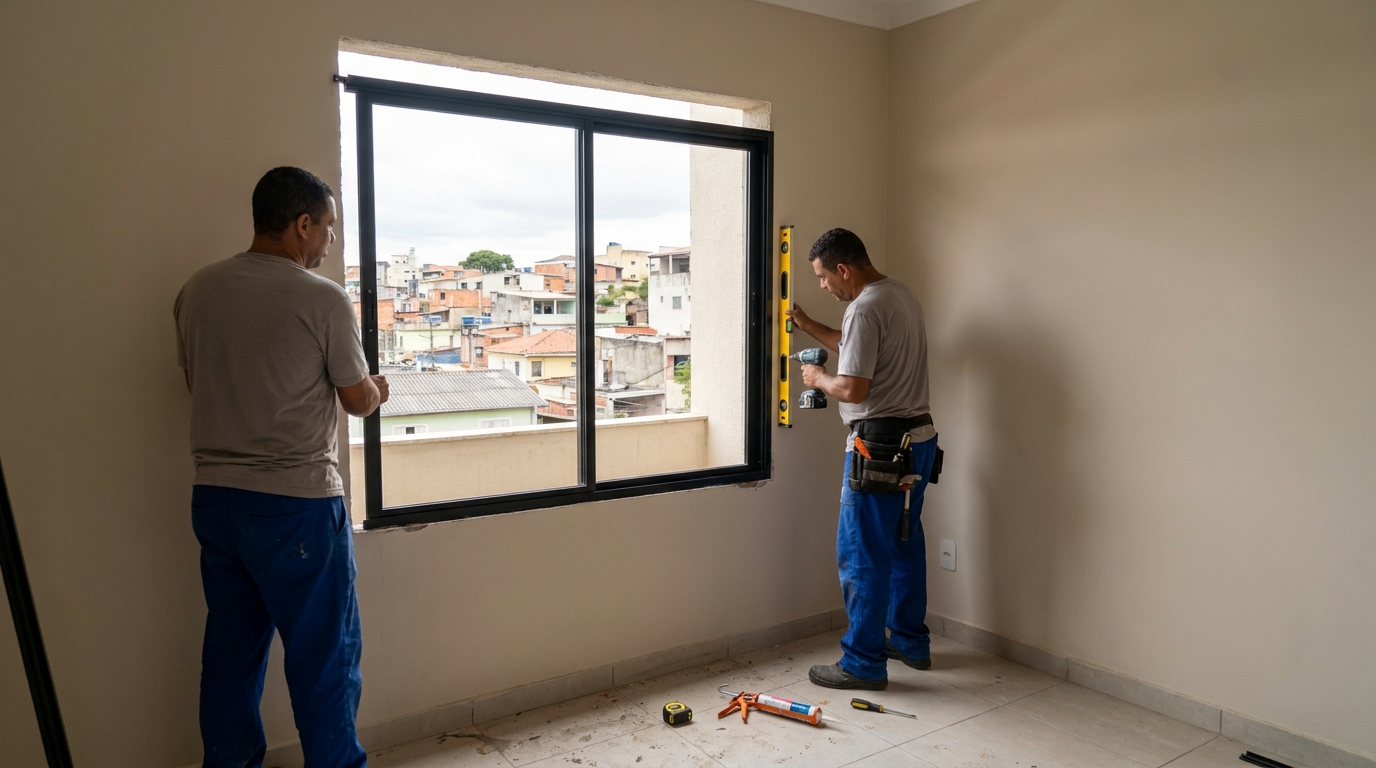 Esquadria de alumínio em quarto bege em São Gonçalo-RJ