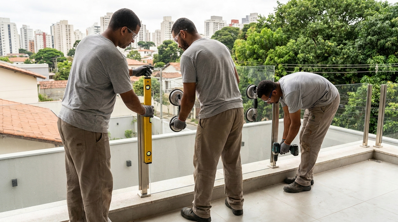 Guarda-corpo em terraço alto com vista cidade em São Gonçalo-RJ